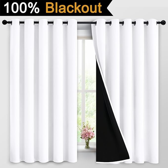 Yakamok 2 Thick Layers Pure White 100% Completely Blackout Curtains Thermal