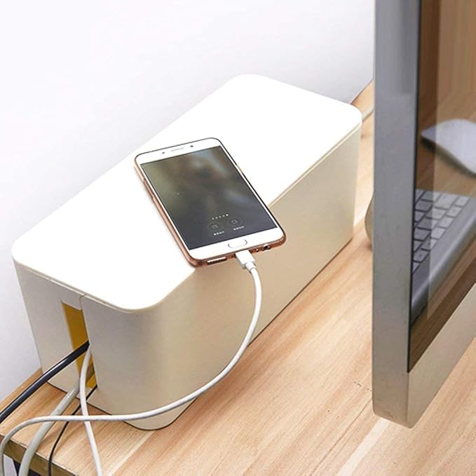 Cable Management Box Organizer, Pack of 2 Wire Concealer to Cover Hide Surge Protector & Power Strip on Desk Floor, with 5 Cord Fastening Tapes for Office, Home, Kitchen (Ice White)