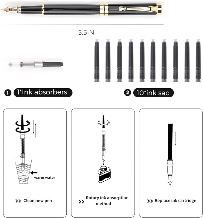 Tiankool Luxury Fountain Pen,Fine Nib, Exquisite Pen Gift Set for Men&Women-Includes 10 Ink Cartridges&Ink Converter- Nice Pens - Black