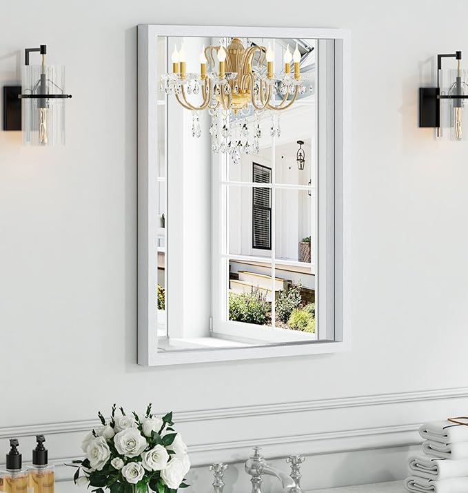 Syndra White Wood Frame Bathroom Mirror, Waterproof Slim Deep Frame,