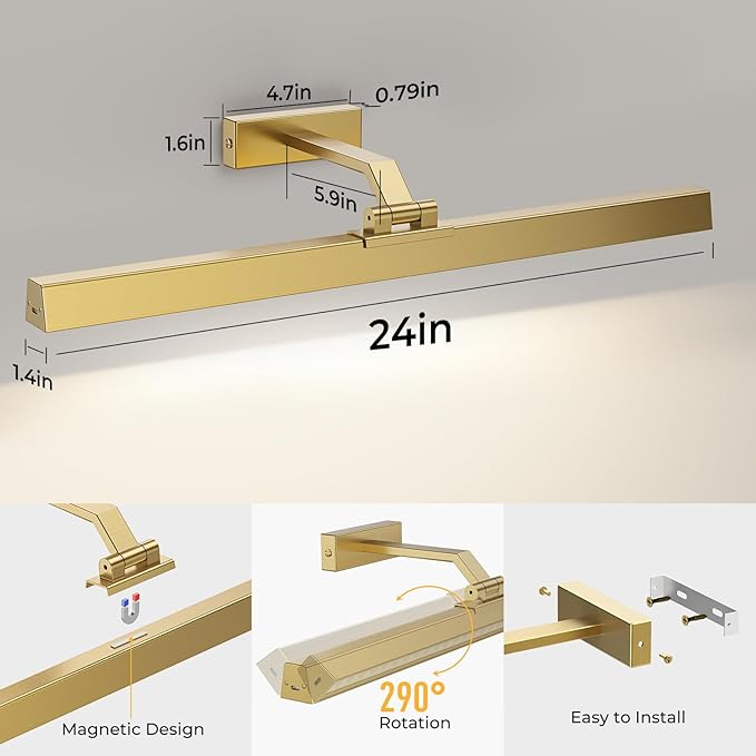 Afyuol Picture Lights for Wall, Brushed Gold Battery Operated Picture Light