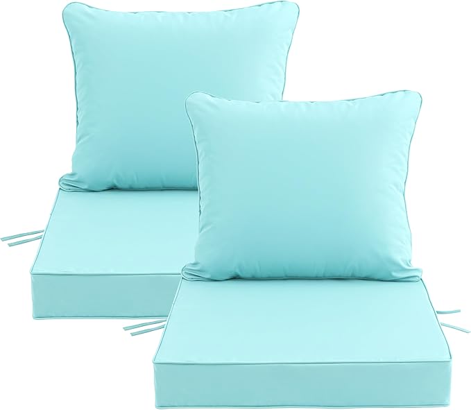 22x22 Inch Patio Chair Cushions Set of 2, Outdoor Furniture Cushions - Removable Cover, Water-Repellent, Fade-Resistant, Non-Slip Bottom & Straps, Replacement for Lawn, Porch & Deck Chair - Light Blue