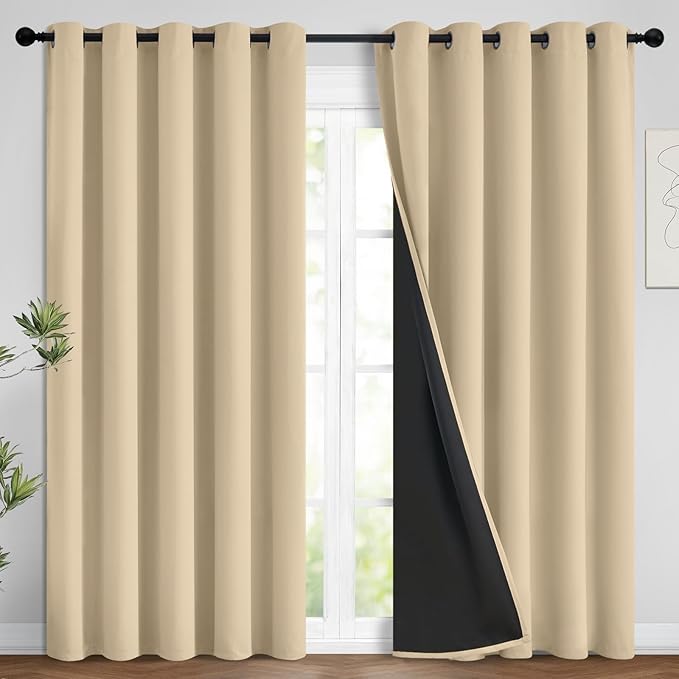 Yakamok Beige 100% Blackout Curtains, Thermal Insulated Total Blackout Drapes