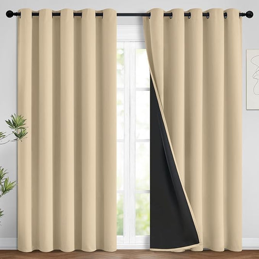 Yakamok Beige 100% Blackout Curtains, Thermal Insulated Total Blackout Drapes