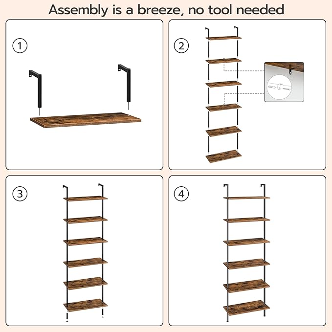 HOOBRO DIY Ladder Shelf, 6-Tier Wall Mounted Bookshelf, Office Vertical Bookcase