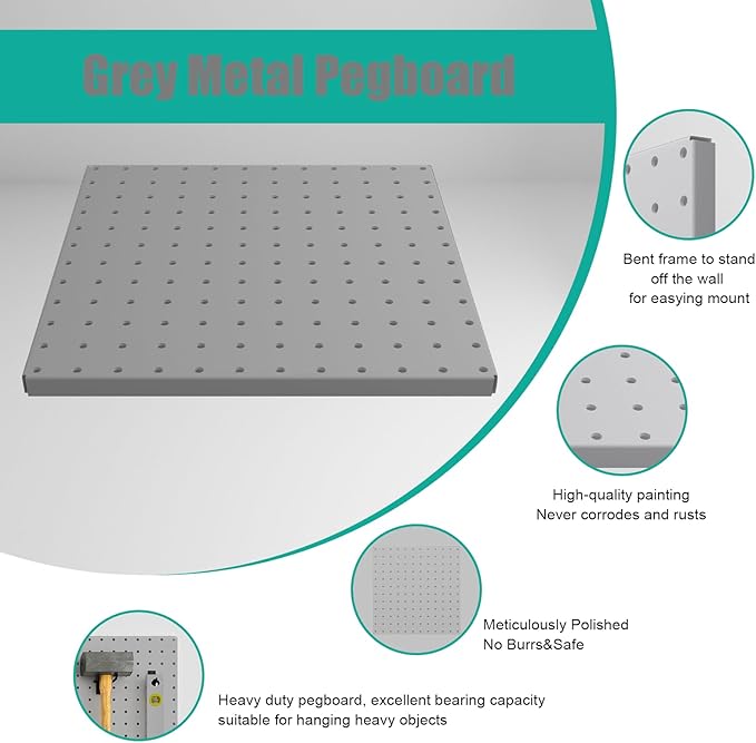 Peg Board, 4 Pack Metal Pegboard Panels Grey Pegboards Wall Organizer