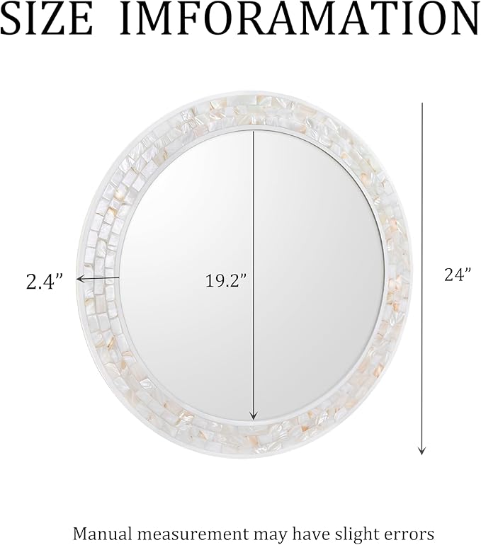 Mosaic Mirrors for Wall 24 Inch, Natural Mother of Pearl Inlay White Framed