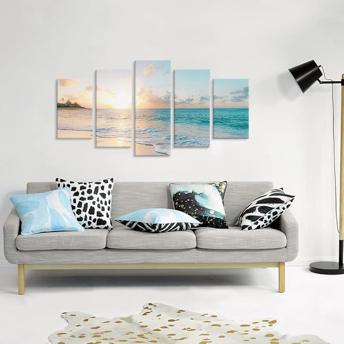 Goldfoilart 5 Pieces Beach Sunset Canvas Wall Art Blue Sea Prints Romantic