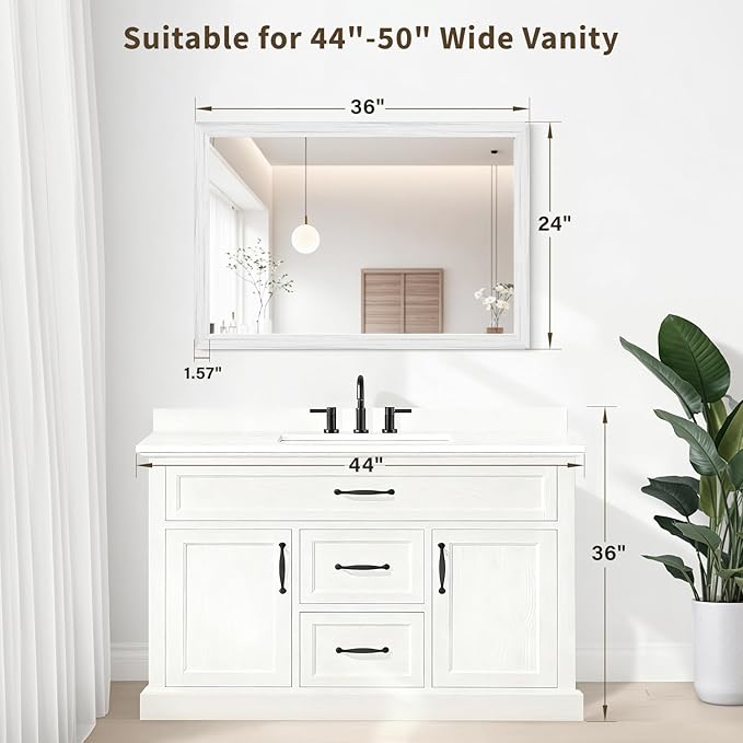 White Wood Effect Framed Wall Mirror, 24x36 Rectangle Mirror, Anti-desilvering