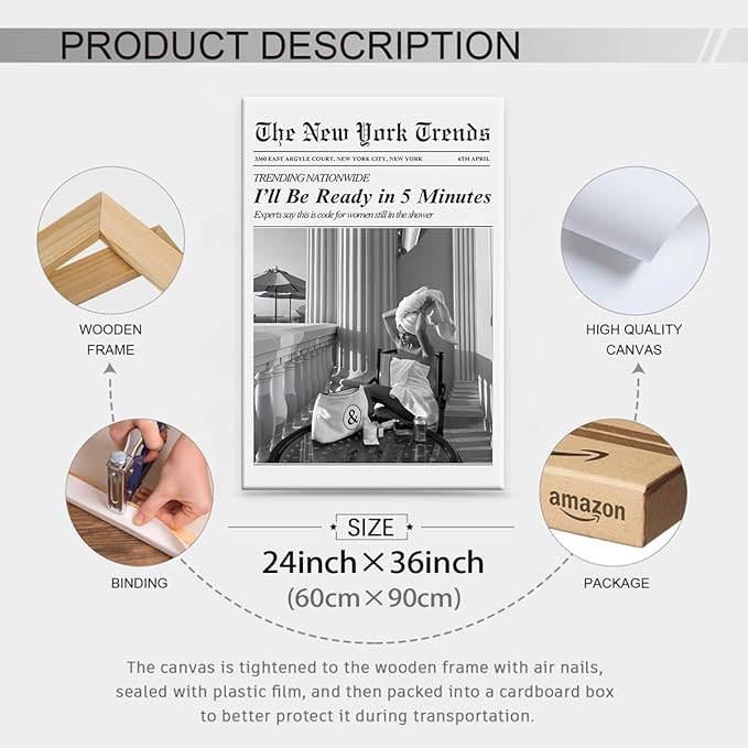 Vintage Newspaper Framed Wall Art Trendy Black and White Aesthetic Posters