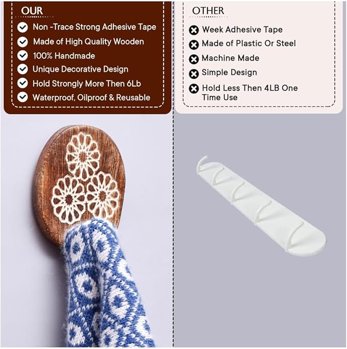 IndianShelf 6 Lb- 24 Pieces Decorative Wood Adhesive Wall Hooks–Boho Peel and