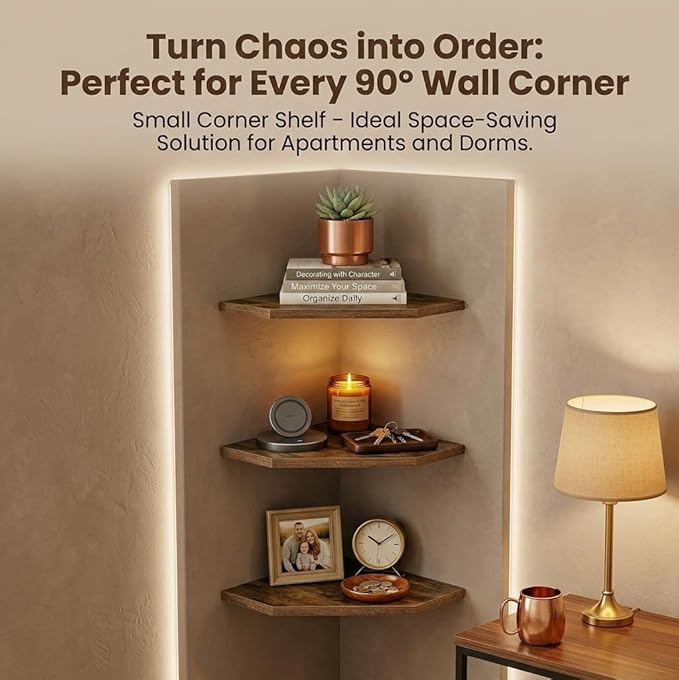 SUYU Set of 3 Floating Corner Shelves, 11.8" Rustic Wood Corner Shelf Wall