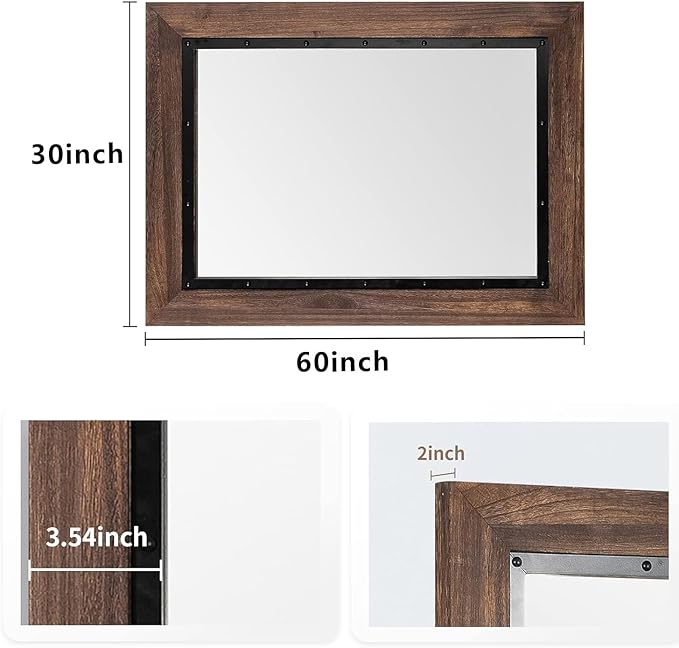 YOSHOOT Rustic Wooden Framed Wall Mirror, Natural Wood and Iron Bathroom Vanity