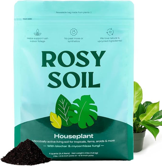 Rosy Soil Houseplant Potting Soil, Organic Indoor Potting Mix with Biochar and Worm Castings for Monstera, Pothos, Tropical Indoor Plants - Peat Free - 8qt