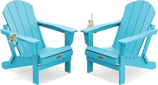 SERWALL Folding Adirondack Chair with Cup Holder Weather Resistant Patio Chair Outdoor Chairs Painted Adirondack Chairs Set of 2 - Aruba Blue