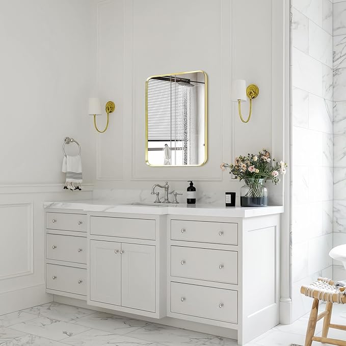 Wall Mount Mirror for Bathroom, Brushed Gold Metal Framed Rounded Corner