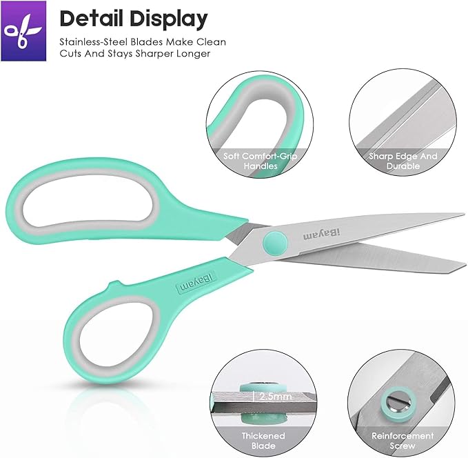 iBayam 8 '' Multipurpose Heavy Duty Scissors Bulk 24-Pack, 2.5mm Thickness Ultra Sharp Blade Shears with Comfort-Grip Handles for Household School Office Supplies, Right/Left Hand Tools