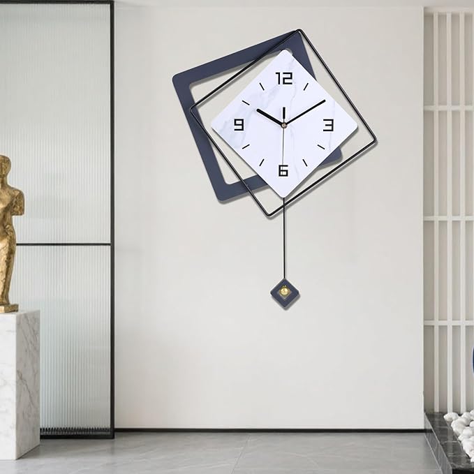 Wall Clock with Pendulum, Silent Quality Quartz Battery Operated, Metal Modern