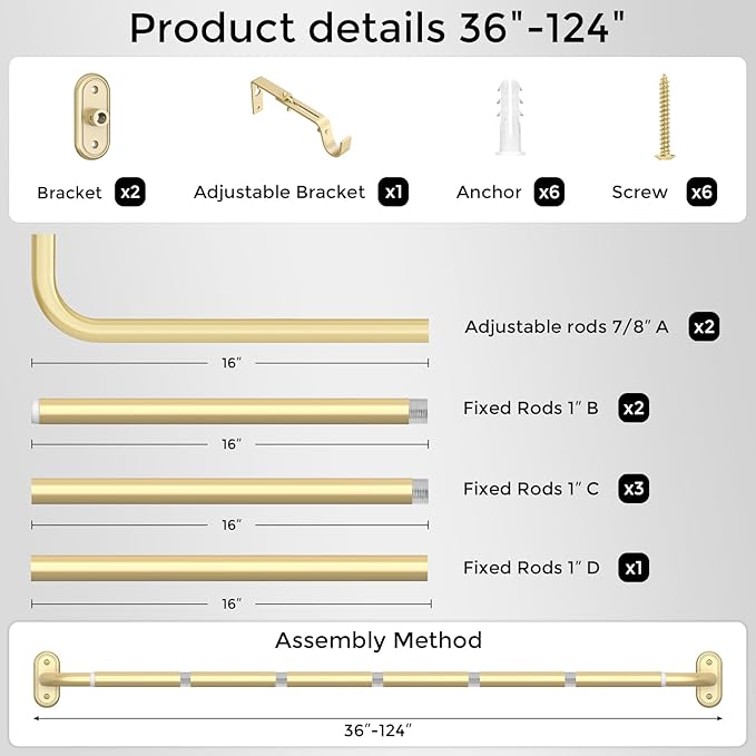 Curtain Rods 36-120 Inch, 1 Inch Adjustable Long Heavy Duty Room Darkening
