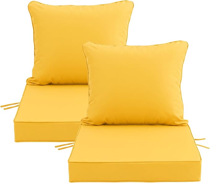 22x22 Inch Patio Chair Cushions Set of 2, Outdoor Furniture Cushions - Removable Cover, Water-Repellent, Fade-Resistant, Non-Slip Bottom & Straps, Replacement for Lawn, Porch & Deck Chair - Yellow