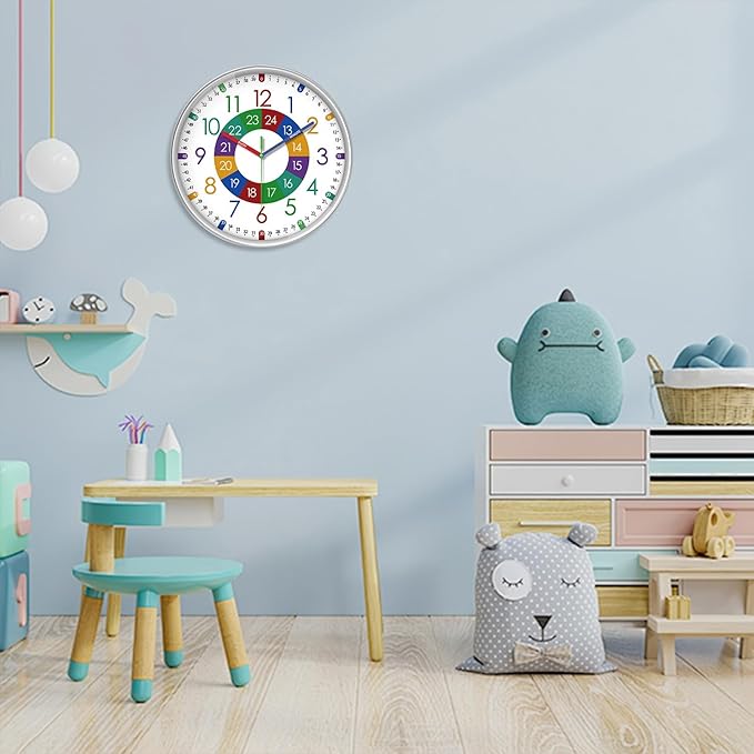 XFM Kids Wall Clock for Children's Bedroom 10 Inch Round Multi-Colored Learning