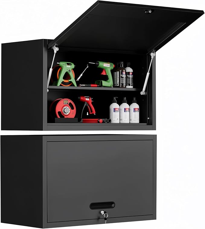 Garage Wall Cabinet with Flip-Up Door and Shelf, Lockable Metal Storage Cabinet