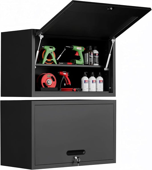 Garage Wall Cabinet with Flip-Up Door and Shelf, Lockable Metal Storage Cabinet