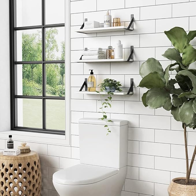 Forbena White Floating Shelves for Wall Decor Set of 3, 17 x 6 Inches Bathroom