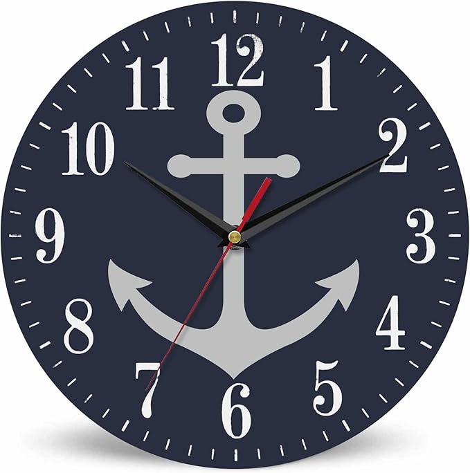 Mxocom Anchor Wall Clock Boat Anchor Marine Navigation Blue 10 Inch Silent Non