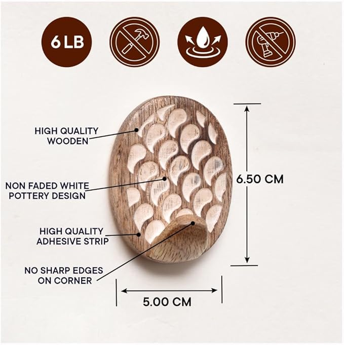 Indian Shelf 6 Lb- 6 Pieces Decorative Wood Adhesive Wall Hooks–Boho Peel and