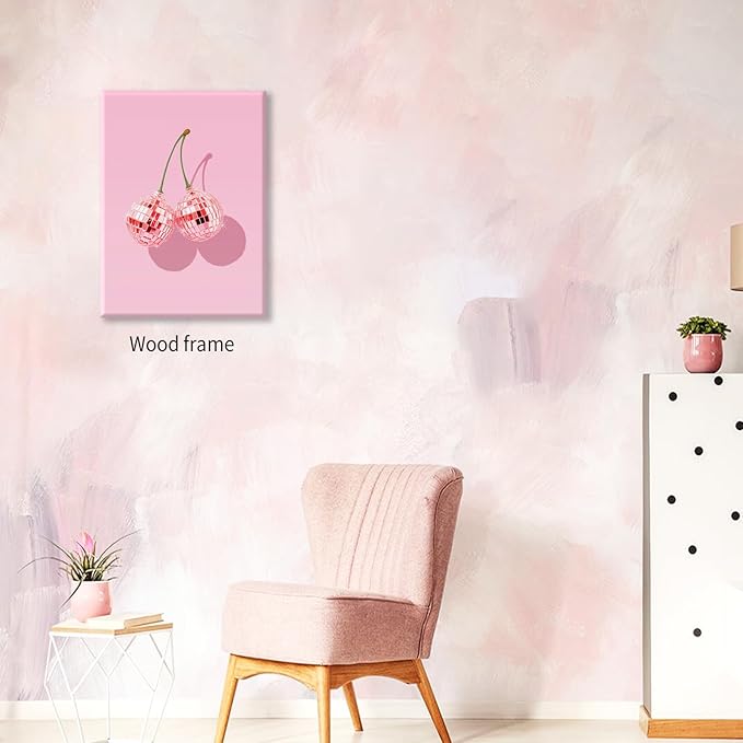 Funky Pink Cherry Poster Retro Disco Ball Canvas Wall Art 24X36 inch Framed