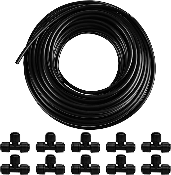 100FT PE Drip Irrigation Tubing, 1/4 inch Blank Distribution Tubing with 10PCS 1/4" Drip Irrigation Tee Connectors for Quick Connector Irrigation System