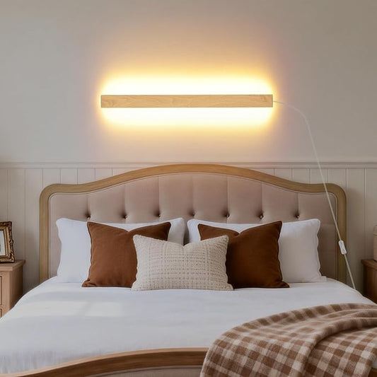 Modern Plug in Wall Sconces, 23.6 inch Faux Wood Texture Finish LED Long Wall