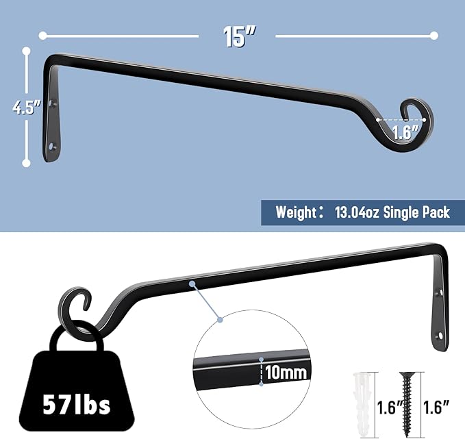 FEED GARDEN 15 Inch 2 Pack Hand-Forged Hanging Plant Bracket Heavy Duty Metal