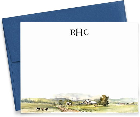 Personalized Monogram Stationery With Envelopes, FLAT Note Cards With Name, Farm Stationery Set, Watercolor Note Cards for Women, Stationary Paper With Initials, Your Choice of Colors and Quantity