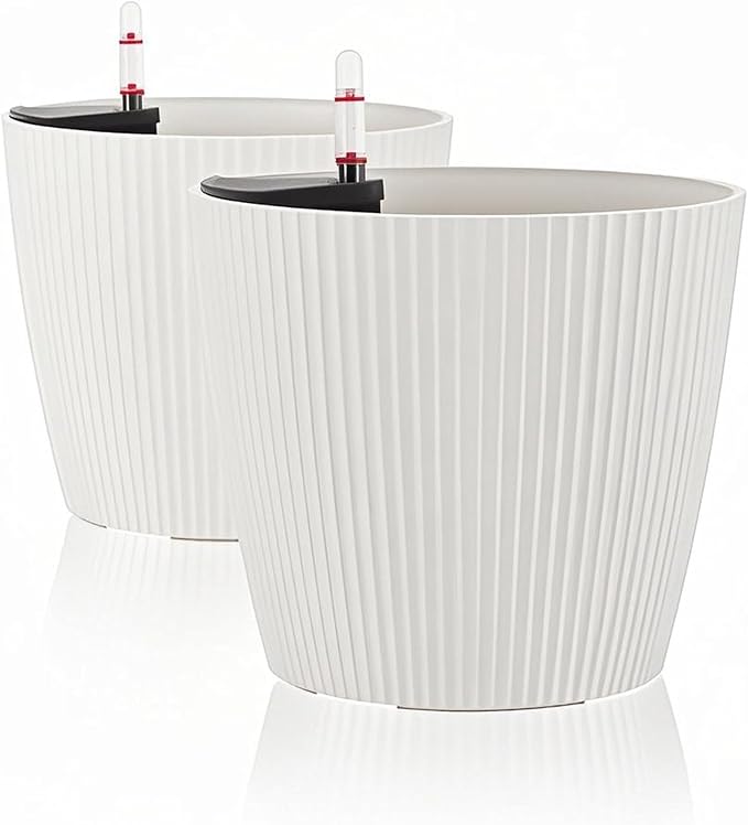 Dexceder 13x12 Self Watering Planters Indoor, Inner Mat Design, Floor Standing Flower Plant Pot with Water Level Indicator (2 Pack, White)