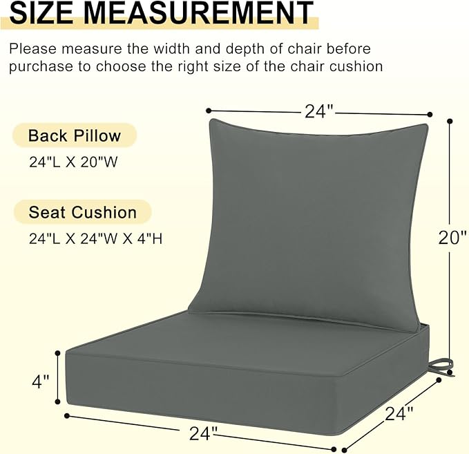 downluxe Outdoor Chair Cushions 24x24 with Removable Cover, Waterproof Patio Furniture Cushions, Deep Seat Cushions for Outdoor Furniture with Backrest for Sofa, Couch and Patio Chairs, Dark Grey