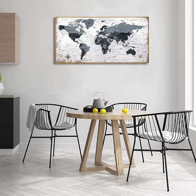 Framed wall art World Map Wall Art Canvas Picture 30inchx60inch Large Black and