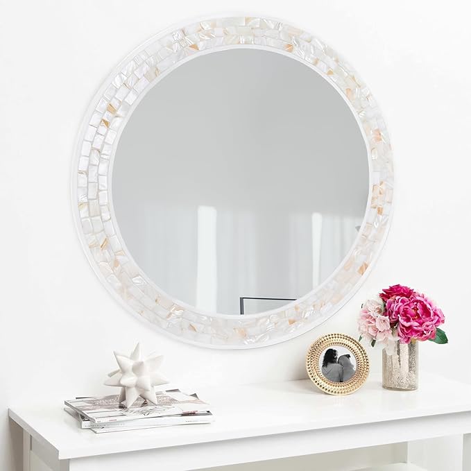 Mosaic Mirrors for Wall 24 Inch, Natural Mother of Pearl Inlay White Framed