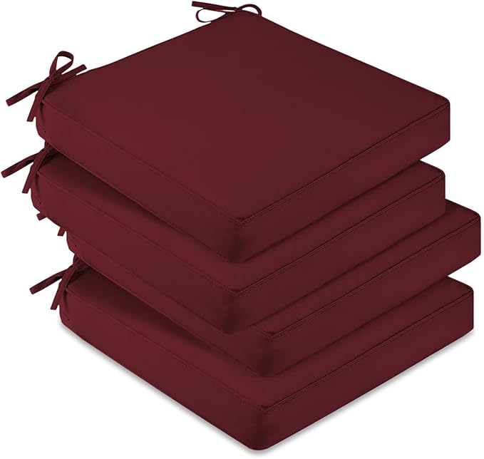 downluxe Waterproof Outdoor Chair Cushions Set of 4, 19" x 19" x 3" Patio Chair Cushion with Non-Slip Ties & Handle, Square Outdoor Cushion for Patio Furniture with Removable Cover, Burgundy
