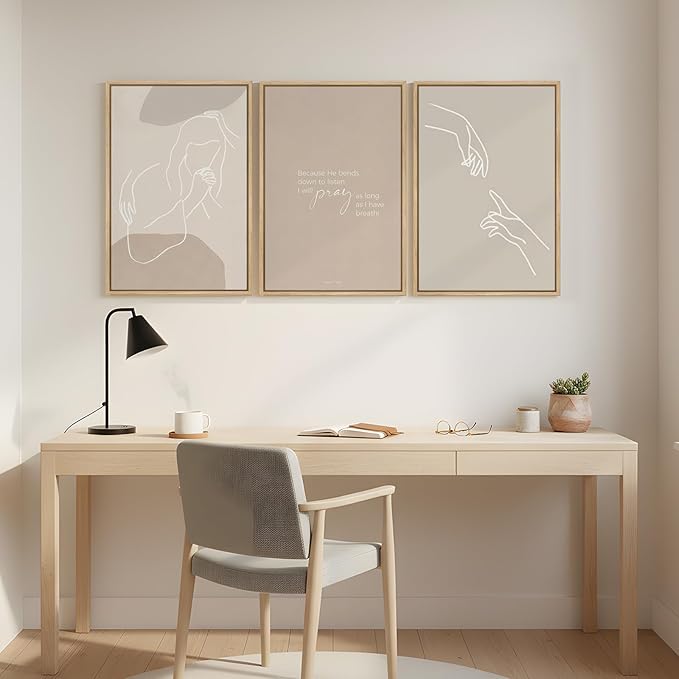Framed Christian Wall Art Set of 3, Minimalist Neutral Beige Scripture Prints