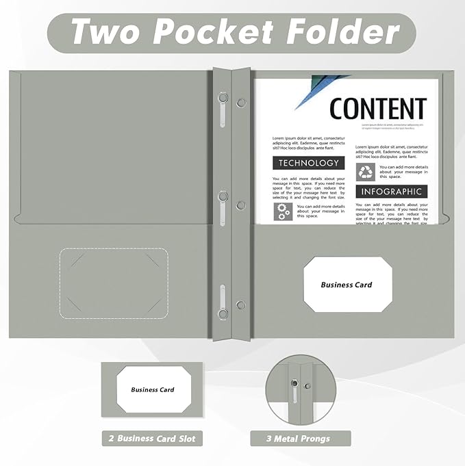 Two Pocket Folders, PANDRI 30 Pack Two Pocket Folders with Prongs, 3 Prong Folders Designed for Office and Classroom, Letter Size Grey