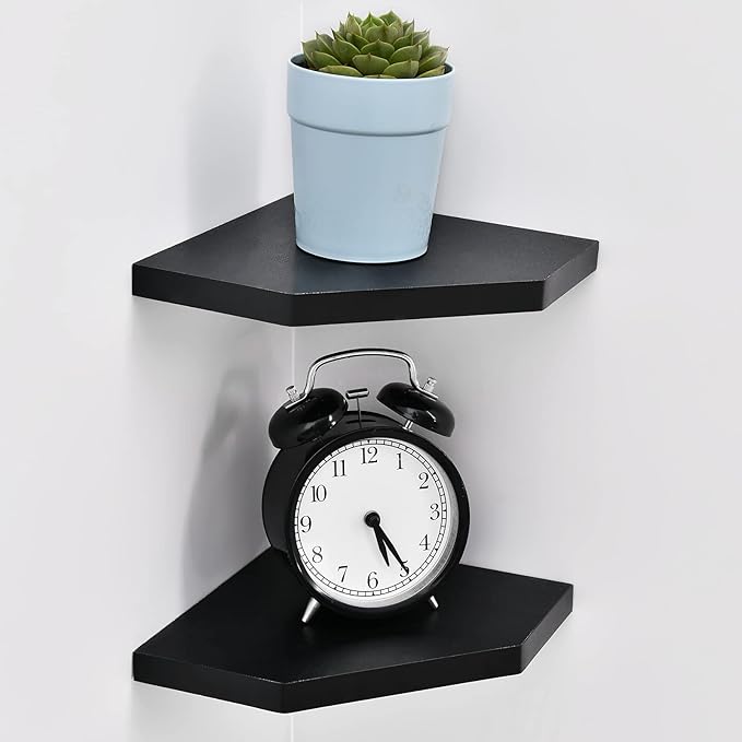 WELLAND 7-Inch Black Floating Corner Shelves Set of 2, Wall Mounted Storage