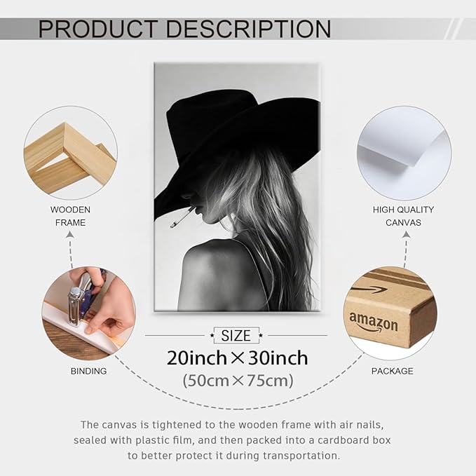 FuSatisYilife Trendy Black And White Framed Wall Art Cool Western Woman Smoking