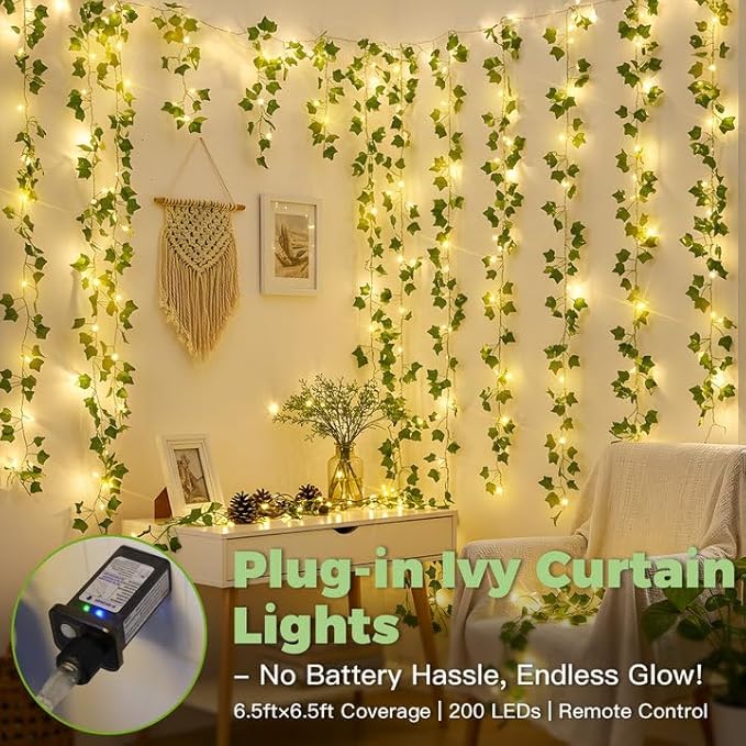 suddus 200 LED Vine with Light Plug in, 6.5ft x 6.5ft Ivy Fairy Curtain Lights
