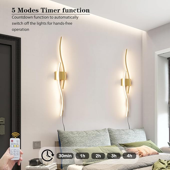 Daunton Modern Gold Plug in Wall Sconces Set of Two, RC Dimmable LED Plug in