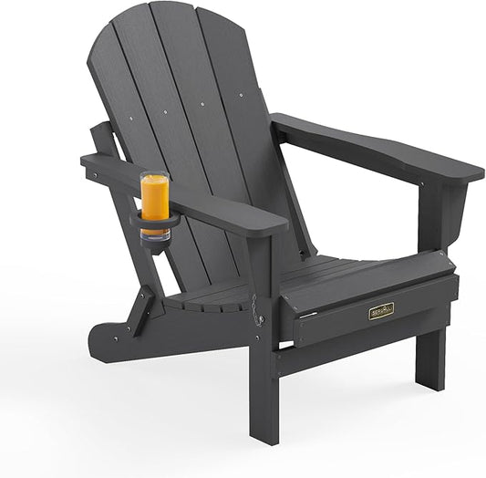 SERWALL Folding Adirondack Chair with Cup Holder for Outdoor, All-Weather Patio Chairs with Wood Texture, Fire Pit Chairs for Deck Porch Garden - Gray