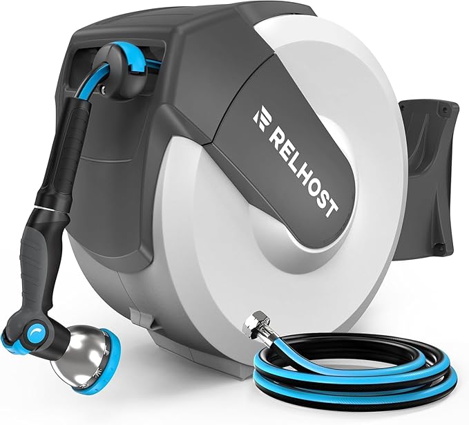 Relhost Retractable Garden Hose Reel, 5/8 in x 65 ft Wall Mount Heavy Duty Hose Reel with Any-Length Lock, Auto Rewind System, 180Â° Swivel Bracket, and 10-Pattern Nozzle for Garden, White & Grey