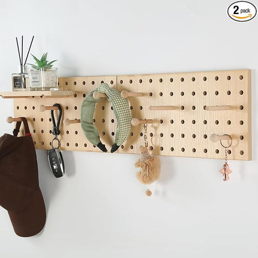 2 Pack Beige Wooden Pegboard, Modular Wall Organizer Storage Shelf