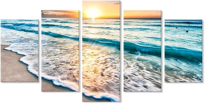 Goldfoilart 5 Pieces Beach Coastal Wall Art Sea Sunset Seascape Pictures Ocean